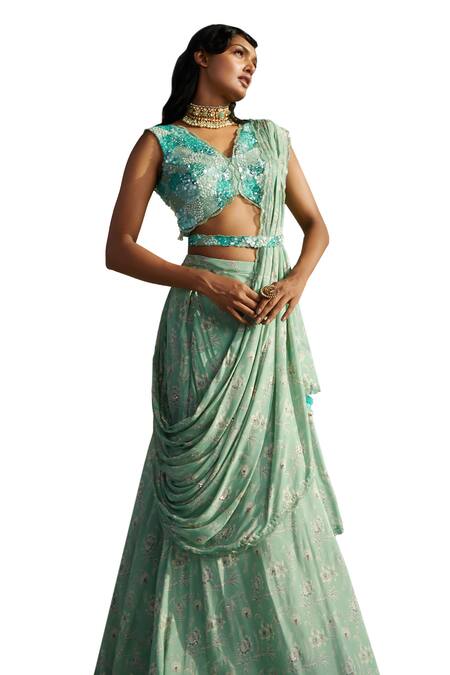 Buy_Basil Leaf_Green Chiffon Sequins, Beads V-neck Embroidered Blouse And Pre-draped Saree Set_Online_at_Aza_Fashions
