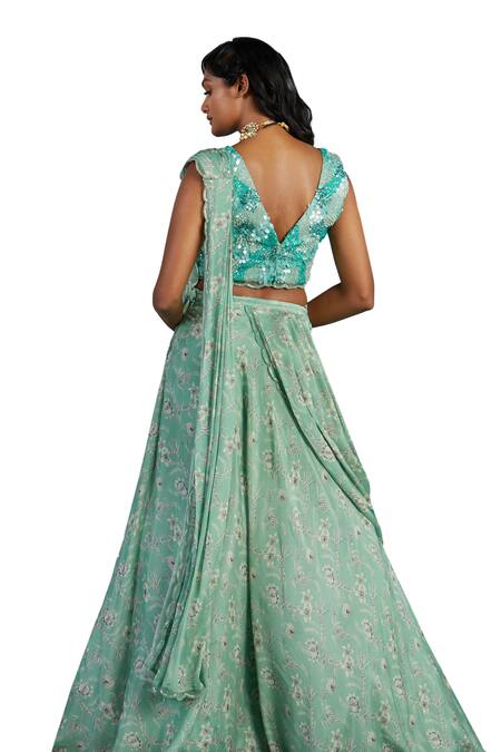 Shop_Basil Leaf_Green Chiffon Sequins, Beads V-neck Embroidered Blouse And Pre-draped Saree Set_Online_at_Aza_Fashions