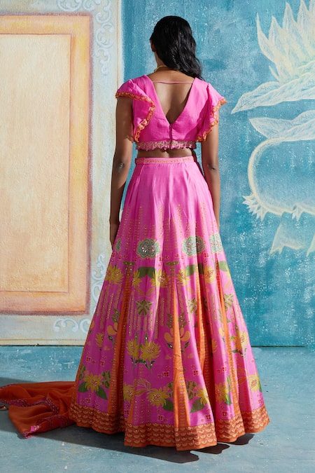 Basil Leaf Floral Geometric Print Lehenga Blouse Set 