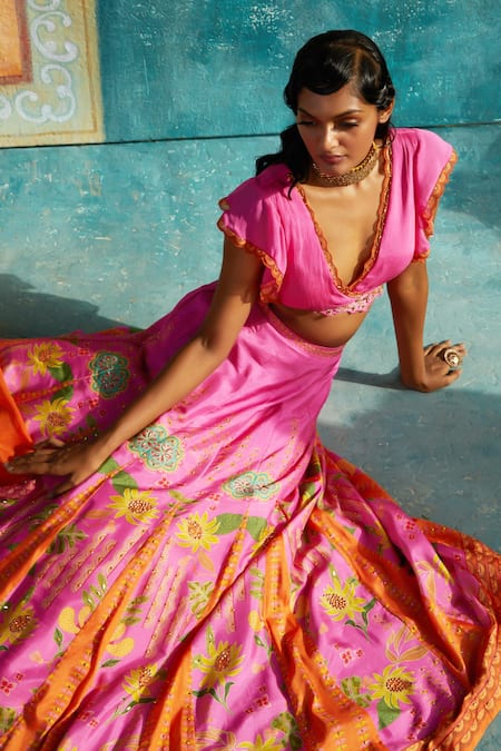 Basil Leaf_Fuchsia Viscose, Tussar Beads, Floral Geometric Print Lehenga Blouse Set _Online_at_Aza_Fashions