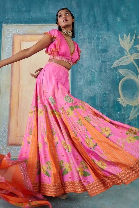 Buy_Basil Leaf_Fuchsia Viscose, Tussar Beads, Floral Geometric Print Lehenga Blouse Set _Online_at_Aza_Fashions