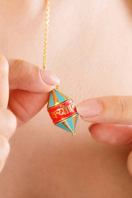 Isharya_Blue Rotating Prayer Wheel Carved Pendant Necklace_Online_at_Aza_Fashions