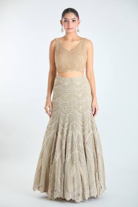 Ridhima Bhasin Beige Organza, Net Pearls, Sequins V-neck Embellished Lehenga Blouse Set Online at Aza Fashions Ridhima Bhasin_Beige Organza, Net Pearls, Sequins V-neck Embellished Lehenga Blouse Set _Online_at_Aza_Fashions