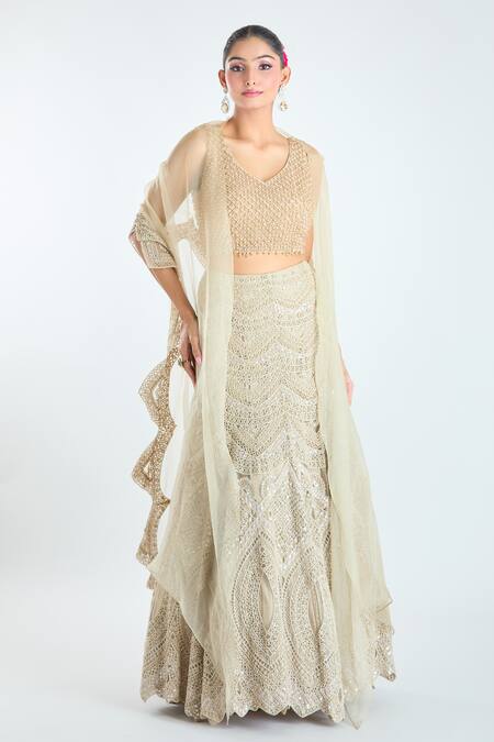 Buy Ridhima Bhasin Beige Organza, Net Pearls, Sequins V-neck Embellished Lehenga Blouse Set Online at Aza Fashions Buy_Ridhima Bhasin_Beige Organza, Net Pearls, Sequins V-neck Embellished Lehenga Blouse Set _Online_at_Aza_Fashions