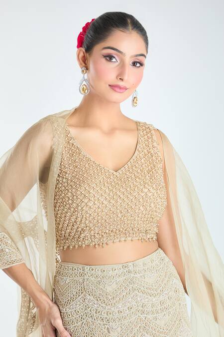 Shop Ridhima Bhasin Beige Organza, Net Pearls, Sequins V-neck Embellished Lehenga Blouse Set Online at Aza Fashions Shop_Ridhima Bhasin_Beige Organza, Net Pearls, Sequins V-neck Embellished Lehenga Blouse Set _Online_at_Aza_Fashions