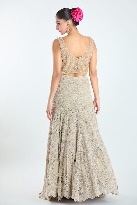 Shop Ridhima Bhasin Beige Organza, Net Pearls, Sequins V-neck Embellished Lehenga Blouse Set at Aza Fashions Shop_Ridhima Bhasin_Beige Organza, Net Pearls, Sequins V-neck Embellished Lehenga Blouse Set _at_Aza_Fashions