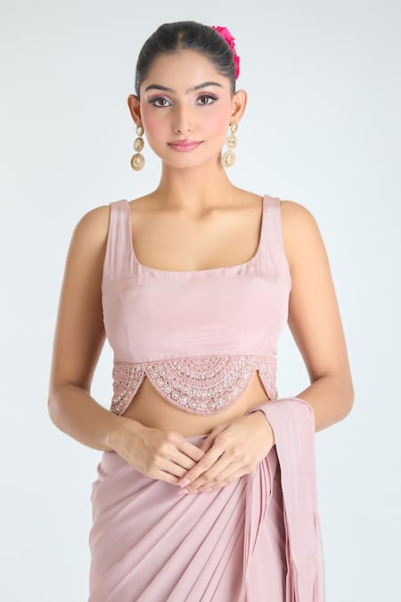 Ridhima Bhasin Pink Georgette Sequins, Pleated Pre-draped Saree Set With Embroidered Jacket Online at Aza Fashions Ridhima Bhasin_Pink Georgette Sequins, Pleated Pre-draped Saree Set With Embroidered Jacket _Online_at_Aza_Fashions