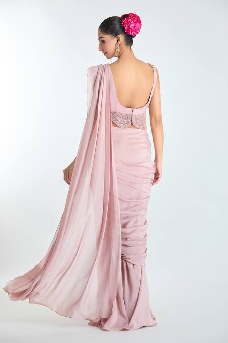 Buy Ridhima Bhasin Pink Georgette Sequins, Pleated Pre-draped Saree Set With Embroidered Jacket Online at Aza Fashions Buy_Ridhima Bhasin_Pink Georgette Sequins, Pleated Pre-draped Saree Set With Embroidered Jacket _Online_at_Aza_Fashions