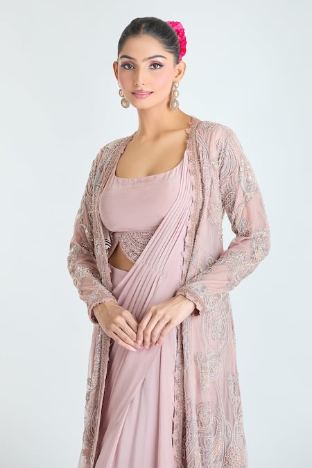 Shop Ridhima Bhasin Pink Georgette Sequins, Pleated Pre-draped Saree Set With Embroidered Jacket Online at Aza Fashions Shop_Ridhima Bhasin_Pink Georgette Sequins, Pleated Pre-draped Saree Set With Embroidered Jacket _Online_at_Aza_Fashions