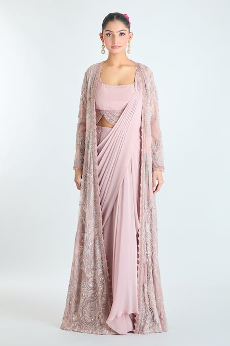 Ridhima Bhasin Pink Georgette Sequins, Pleated Pre-draped Saree Set With Embroidered Jacket at Aza Fashions Ridhima Bhasin_Pink Georgette Sequins, Pleated Pre-draped Saree Set With Embroidered Jacket _at_Aza_Fashions