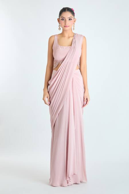 Buy Ridhima Bhasin Pink Georgette Sequins, Pleated Pre-draped Saree Set With Embroidered Jacket Buy_Ridhima Bhasin_Pink Georgette Sequins, Pleated Pre-draped Saree Set With Embroidered Jacket