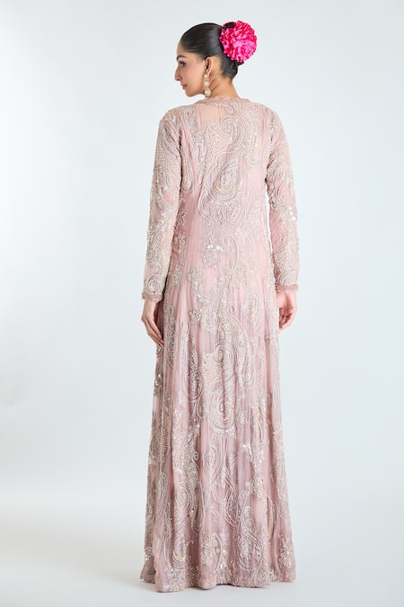 Shop Ridhima Bhasin Pink Georgette Sequins, Pleated Pre-draped Saree Set With Embroidered Jacket at Aza Fashions Shop_Ridhima Bhasin_Pink Georgette Sequins, Pleated Pre-draped Saree Set With Embroidered Jacket _at_Aza_Fashions