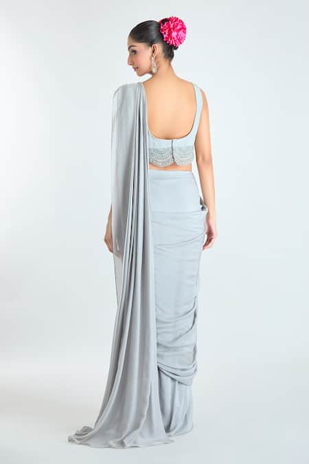 Ridhima Bhasin Blue Silk, Georgette Sequins, Pre-draped Saree Set With Embroidered Jacket Online at Aza Fashions Ridhima Bhasin_Blue Silk, Georgette Sequins, Pre-draped Saree Set With Embroidered Jacket _Online_at_Aza_Fashions