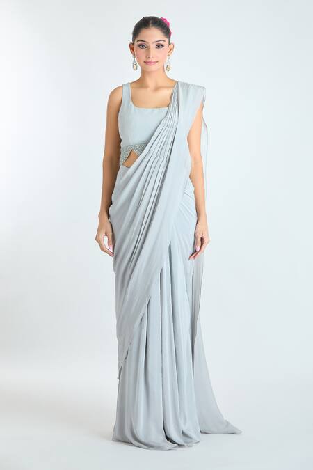 Buy Ridhima Bhasin Blue Silk, Georgette Sequins, Pre-draped Saree Set With Embroidered Jacket Online at Aza Fashions Buy_Ridhima Bhasin_Blue Silk, Georgette Sequins, Pre-draped Saree Set With Embroidered Jacket _Online_at_Aza_Fashions