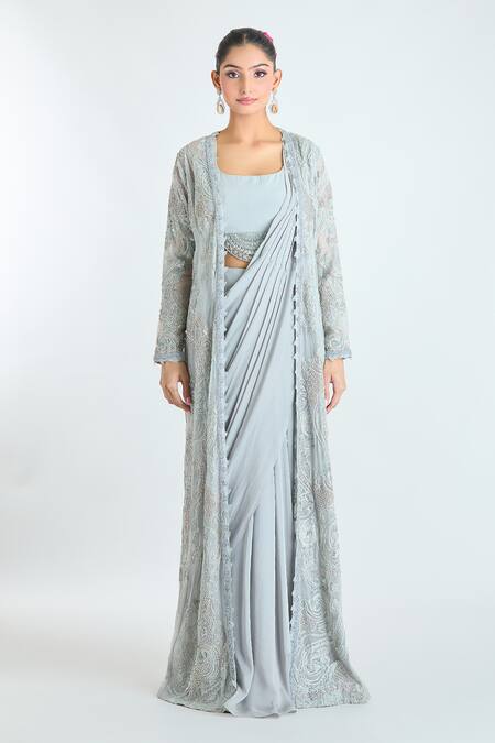 Shop Ridhima Bhasin Blue Silk, Georgette Sequins, Pre-draped Saree Set With Embroidered Jacket Online at Aza Fashions Shop_Ridhima Bhasin_Blue Silk, Georgette Sequins, Pre-draped Saree Set With Embroidered Jacket _Online_at_Aza_Fashions