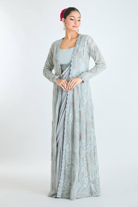 Ridhima Bhasin Blue Silk, Georgette Sequins, Pre-draped Saree Set With Embroidered Jacket at Aza Fashions Ridhima Bhasin_Blue Silk, Georgette Sequins, Pre-draped Saree Set With Embroidered Jacket _at_Aza_Fashions