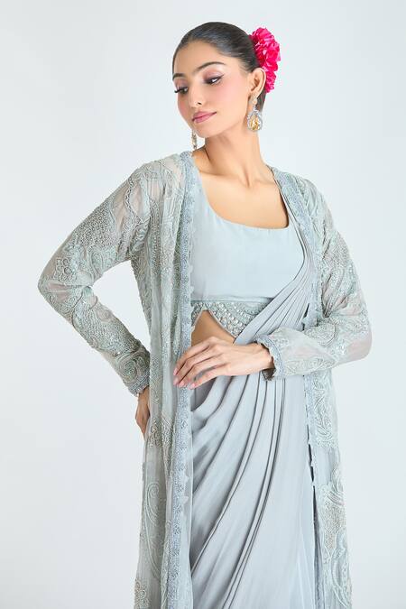 Buy Ridhima Bhasin Blue Silk, Georgette Sequins, Pre-draped Saree Set With Embroidered Jacket Buy_Ridhima Bhasin_Blue Silk, Georgette Sequins, Pre-draped Saree Set With Embroidered Jacket