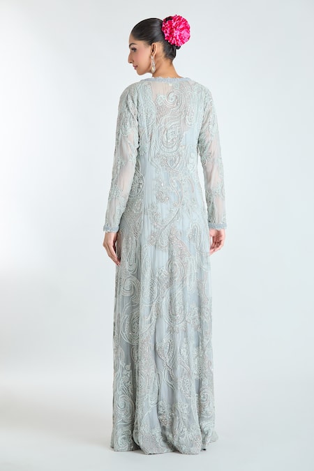 Shop Ridhima Bhasin Blue Silk, Georgette Sequins, Pre-draped Saree Set With Embroidered Jacket at Aza Fashions Shop_Ridhima Bhasin_Blue Silk, Georgette Sequins, Pre-draped Saree Set With Embroidered Jacket _at_Aza_Fashions