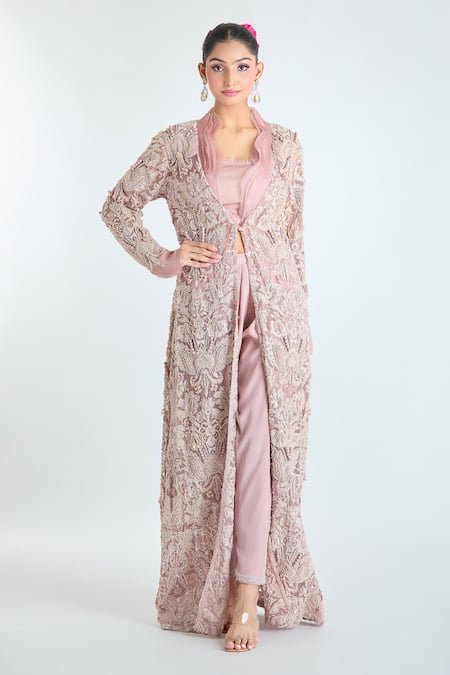 Ridhima Bhasin Floral Embroidered Jacket Draped Pant Set 