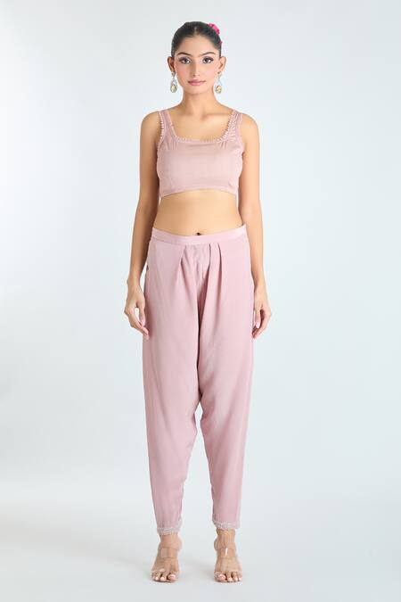 Ridhima Bhasin_Pink Cotton, Georgette Sequins Square Floral Embroidered Jacket Draped Pant Set _Online_at_Aza_Fashions