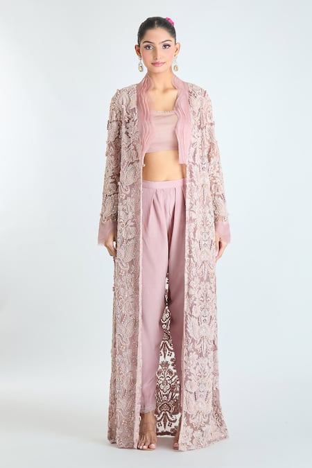 Shop_Ridhima Bhasin_Pink Cotton, Georgette Sequins Square Floral Embroidered Jacket Draped Pant Set _Online_at_Aza_Fashions
