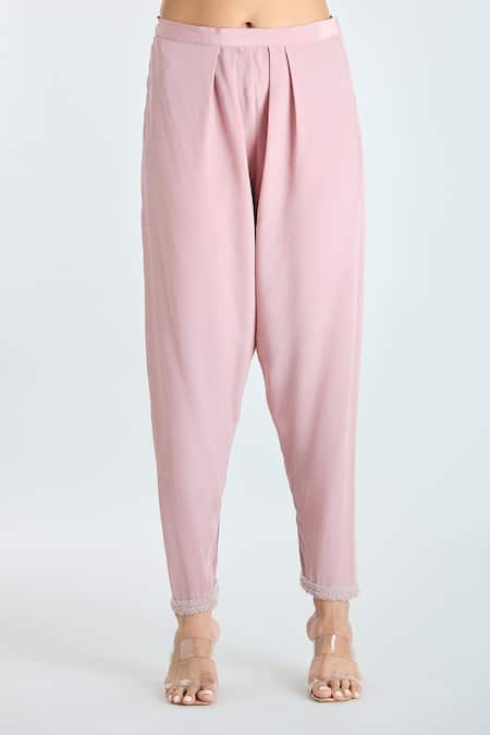 Ridhima Bhasin_Pink Cotton, Georgette Sequins Square Floral Embroidered Jacket Draped Pant Set _at_Aza_Fashions