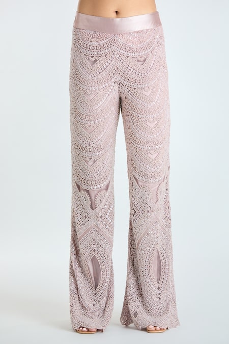 Ridhima Bhasin Pink Silk Beads, Sequins, Cut Work Embellished Short Tunic And Flared Pant Set Online at Aza Fashions Ridhima Bhasin_Pink Silk Beads, Sequins, Cut Work Embellished Short Tunic And Flared Pant Set _Online_at_Aza_Fashions