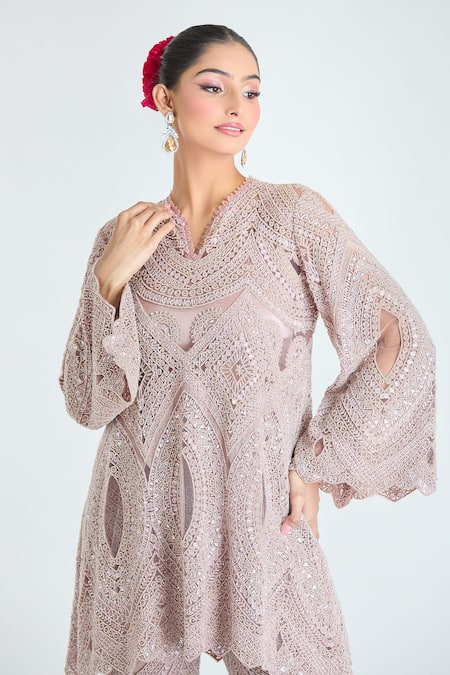 Buy Ridhima Bhasin Pink Silk Beads, Sequins, Cut Work Embellished Short Tunic And Flared Pant Set Online at Aza Fashions Buy_Ridhima Bhasin_Pink Silk Beads, Sequins, Cut Work Embellished Short Tunic And Flared Pant Set _Online_at_Aza_Fashions
