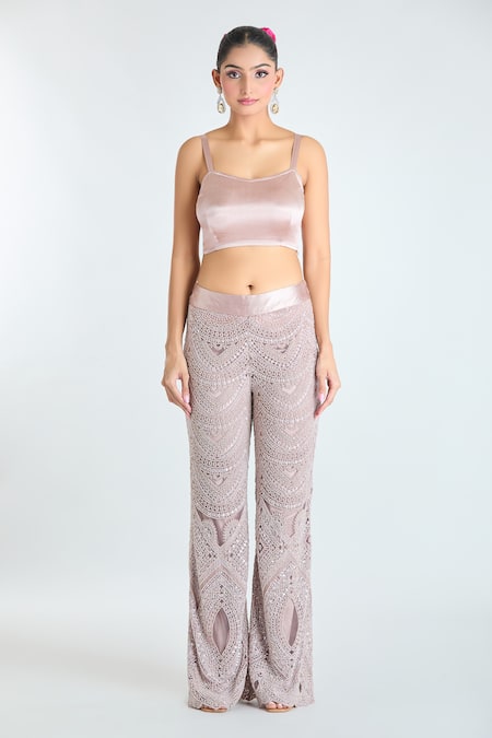 Shop Ridhima Bhasin Pink Silk Beads, Sequins, Cut Work Embellished Short Tunic And Flared Pant Set Online at Aza Fashions Shop_Ridhima Bhasin_Pink Silk Beads, Sequins, Cut Work Embellished Short Tunic And Flared Pant Set _Online_at_Aza_Fashions