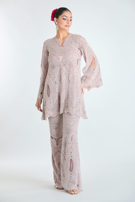 Ridhima Bhasin Pink Silk Beads, Sequins, Cut Work Embellished Short Tunic And Flared Pant Set at Aza Fashions Ridhima Bhasin_Pink Silk Beads, Sequins, Cut Work Embellished Short Tunic And Flared Pant Set _at_Aza_Fashions