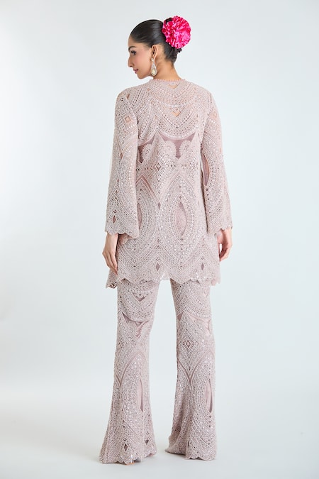 Shop Ridhima Bhasin Pink Silk Beads, Sequins, Cut Work Embellished Short Tunic And Flared Pant Set at Aza Fashions Shop_Ridhima Bhasin_Pink Silk Beads, Sequins, Cut Work Embellished Short Tunic And Flared Pant Set _at_Aza_Fashions
