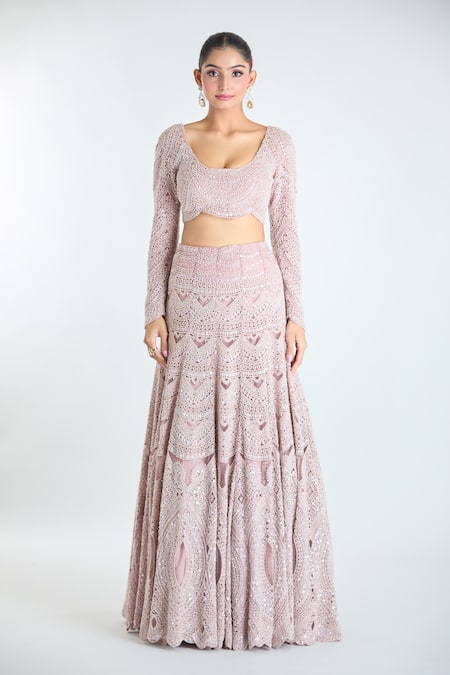 Ridhima Bhasin Pink Silk Sequins, Beads, Embroidery Scoop Neck Bridal Lehenga Set Online at Aza Fashions Ridhima Bhasin_Pink Silk Sequins, Beads, Embroidery Scoop Neck Bridal Lehenga Set _Online_at_Aza_Fashions