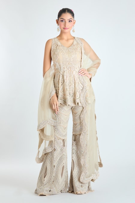 Ridhima Bhasin Beige Embroidery Bead V Neck Paisley Peplum Top Pant Set 