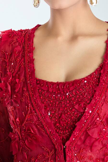 Buy_Ridhima Bhasin_Red Organza, Crepe Embroidery Open Floral Embellished Long Jacket And Pant Set_Online_at_Aza_Fashions