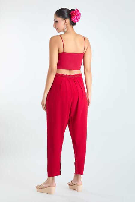 Shop_Ridhima Bhasin_Red Organza, Crepe Embroidery Open Floral Embellished Long Jacket And Pant Set_Online_at_Aza_Fashions