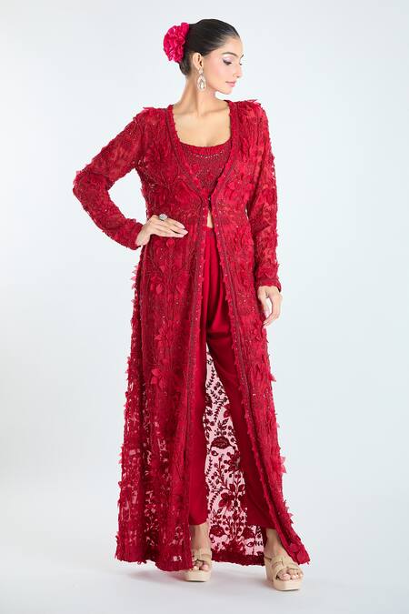Ridhima Bhasin_Red Organza, Crepe Embroidery Open Floral Embellished Long Jacket And Pant Set_at_Aza_Fashions