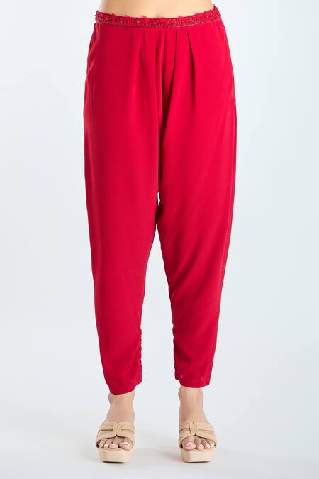 Buy_Ridhima Bhasin_Red Organza, Crepe Embroidery Open Floral Embellished Long Jacket And Pant Set