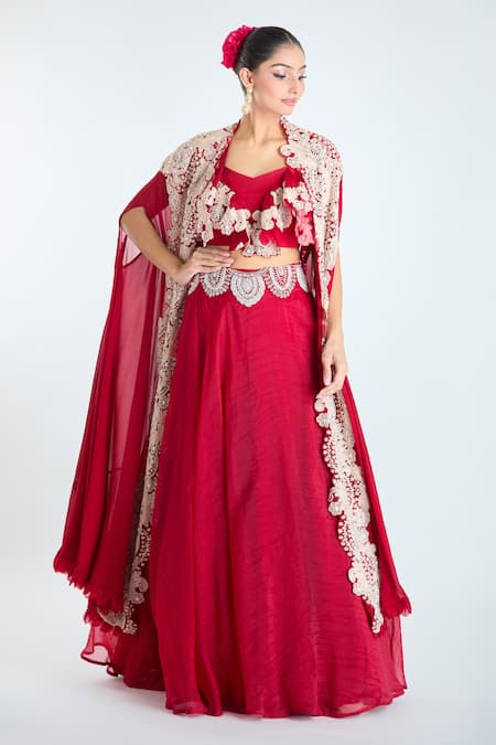 Ridhima Bhasin Red Embroidery Bead Cape Open Scallop Lehenga Set 