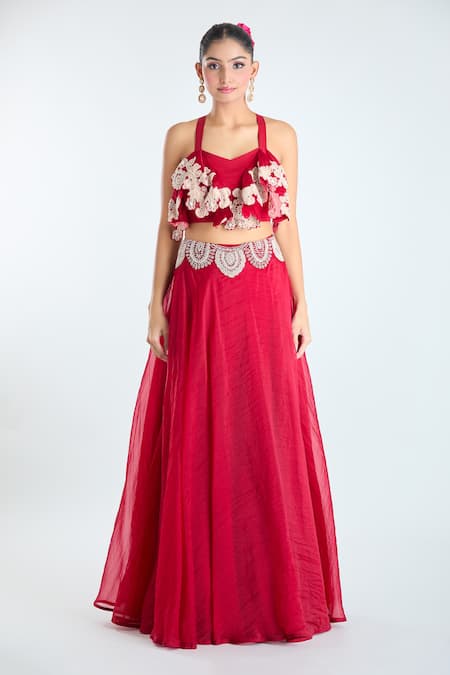 Ridhima Bhasin_Red Georgette Sequins, Beads, Embroidery V-neck Scallop Cape Lehenga Set_Online_at_Aza_Fashions