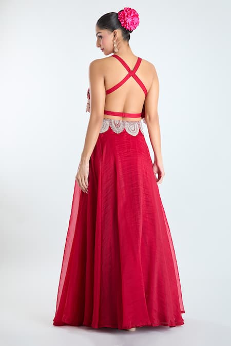 Buy_Ridhima Bhasin_Red Georgette Sequins, Beads, Embroidery V-neck Scallop Cape Lehenga Set_Online_at_Aza_Fashions
