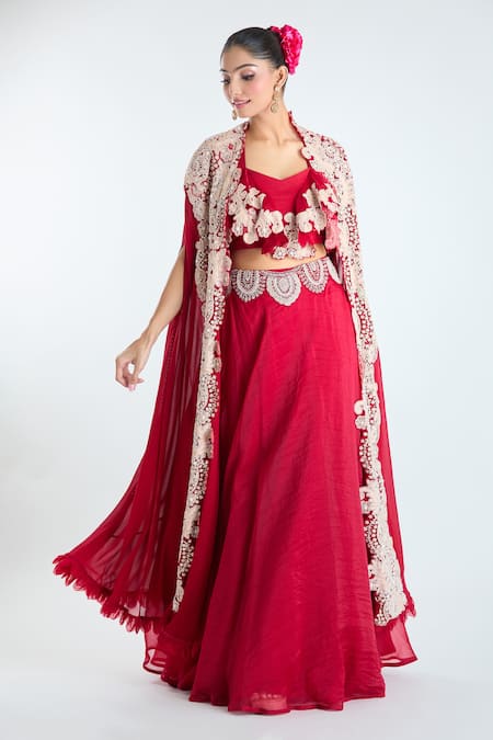 Shop_Ridhima Bhasin_Red Georgette Sequins, Beads, Embroidery V-neck Scallop Cape Lehenga Set_Online_at_Aza_Fashions