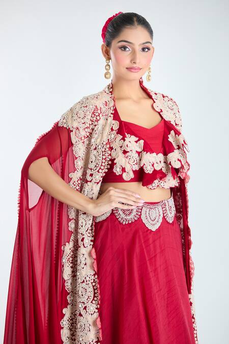 Ridhima Bhasin_Red Georgette Sequins, Beads, Embroidery V-neck Scallop Cape Lehenga Set_at_Aza_Fashions