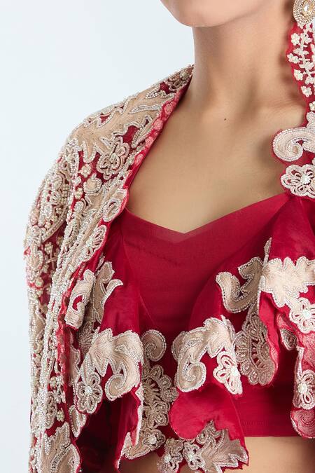 Buy_Ridhima Bhasin_Red Georgette Sequins, Beads, Embroidery V-neck Scallop Cape Lehenga Set