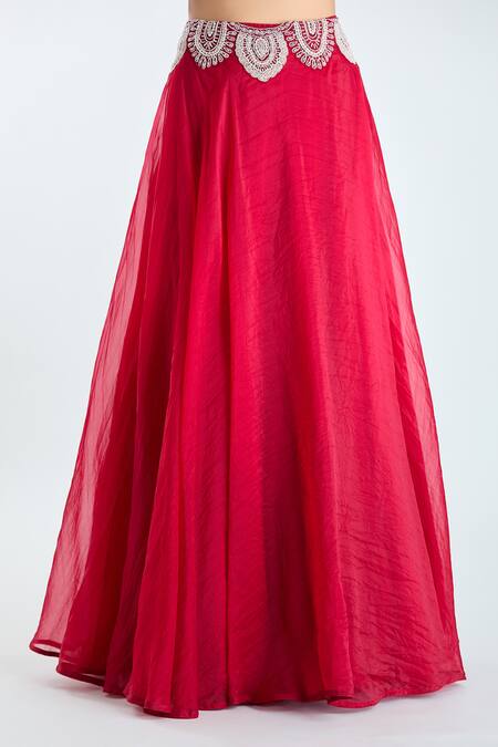 Shop_Ridhima Bhasin_Red Georgette Sequins, Beads, Embroidery V-neck Scallop Cape Lehenga Set