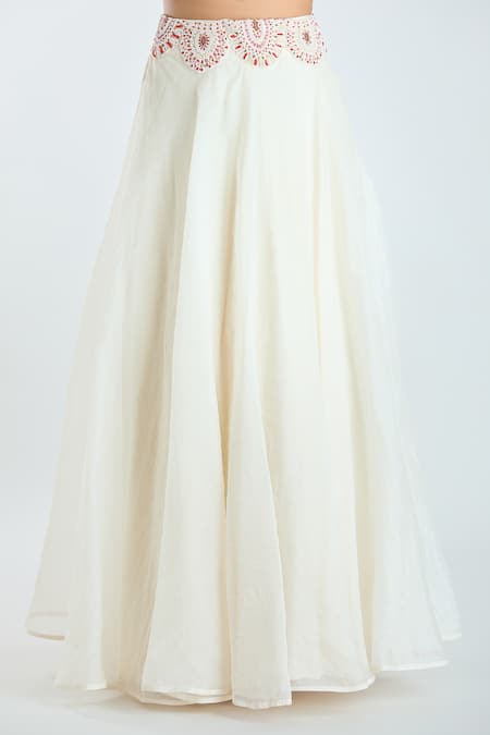 Ridhima Bhasin_Ivory Cotton, Georgette Sequins, Paisley Cutwork Embellished Jacket Lehenga Set _Online_at_Aza_Fashions