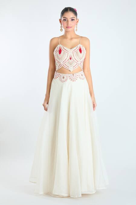 Buy_Ridhima Bhasin_Ivory Cotton, Georgette Sequins, Paisley Cutwork Embellished Jacket Lehenga Set _Online_at_Aza_Fashions