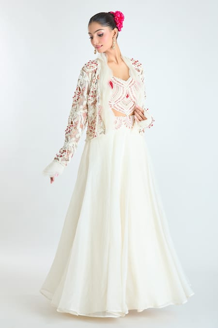 Shop_Ridhima Bhasin_Ivory Cotton, Georgette Sequins, Paisley Cutwork Embellished Jacket Lehenga Set _Online_at_Aza_Fashions