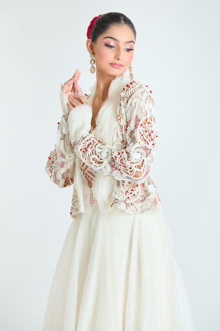 Ridhima Bhasin_Ivory Cotton, Georgette Sequins, Paisley Cutwork Embellished Jacket Lehenga Set _at_Aza_Fashions