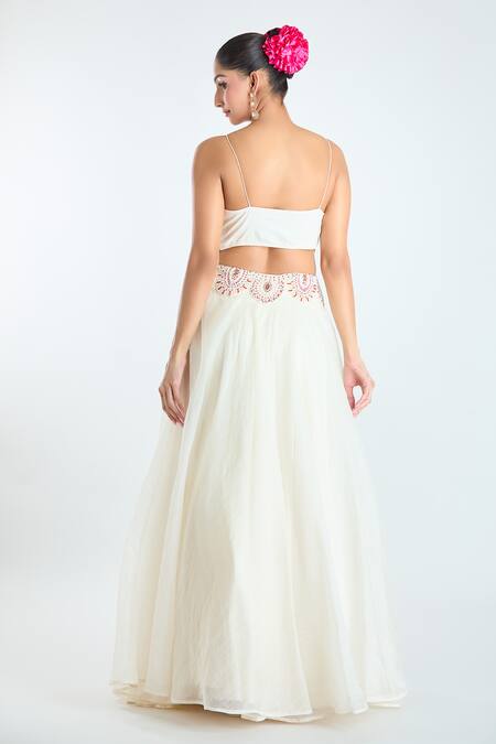 Shop_Ridhima Bhasin_Ivory Cotton, Georgette Sequins, Paisley Cutwork Embellished Jacket Lehenga Set 