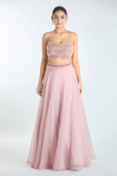 Ridhima Bhasin Pink Silk Beads, Sequins Open Neck, 3d Floral Embellished Jacket Lehenga Set Online at Aza Fashions Ridhima Bhasin_Pink Silk Beads, Sequins Open Neck, 3d Floral Embellished Jacket Lehenga Set_Online_at_Aza_Fashions